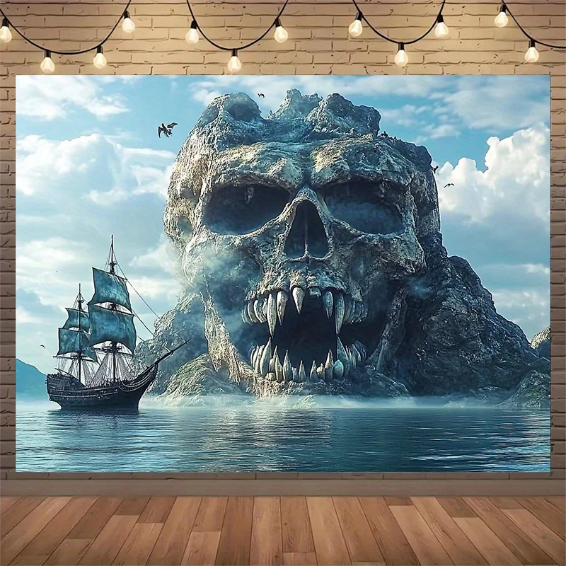 Skull Island Tapestry - Pirate Ship Fantasy Sea Wall Art, Horror Adventure Decor, Living Room Bedroom, Multiple Sizes