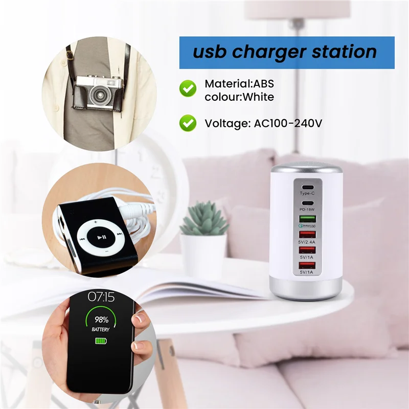A003 65W USB Fast Charger HUB Quick Charge QC3.0 Multi 6 Port USB Type C PD Charger Charging Station US Plug