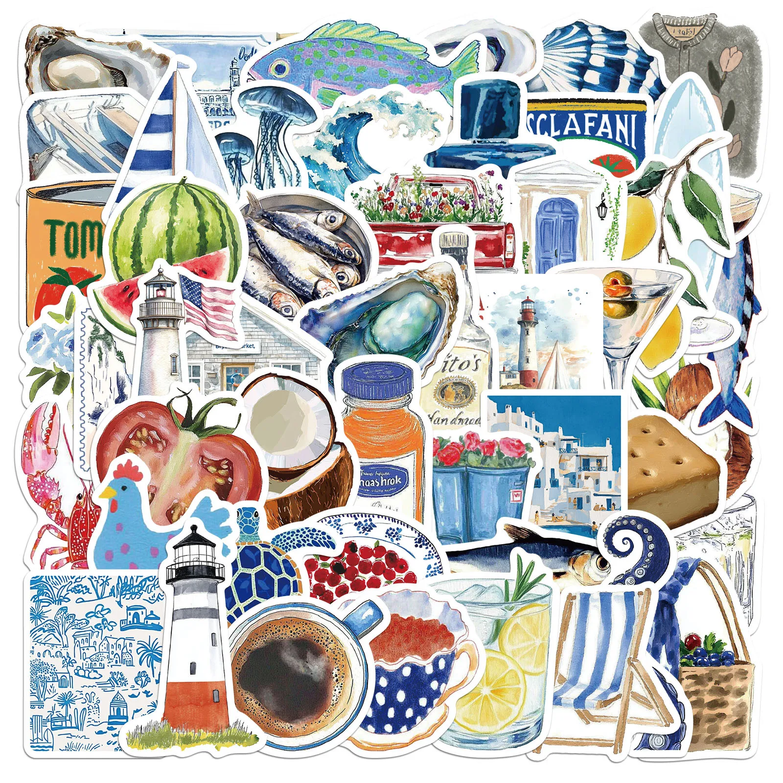 50 Stück Mittelmeer-Tomaten-Cartoon-Aufkleber, blaue Serie, offenes Meer Sticker, wasserdicht, DIY, für Telefon, Wasserflasche, künstlerisch