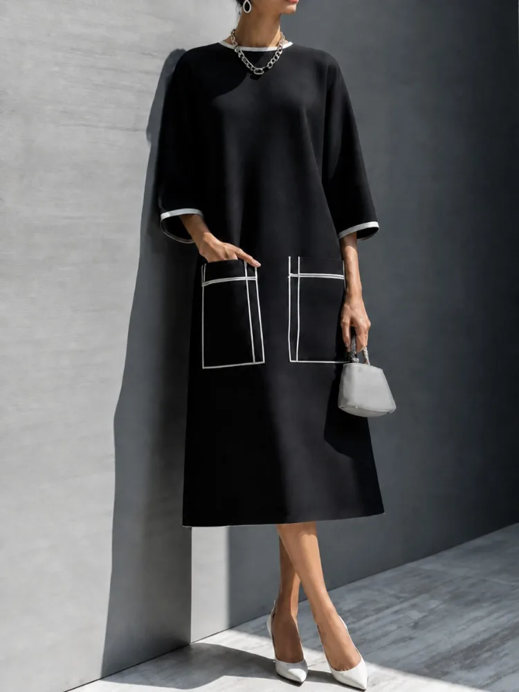 UOOZEE Damen Schwarz-Weiß Kontrastfarbenes Midikleid mit Taschen 2026 Neu Halbarm Locker Lässig Bürokleid Gerader Schnitt