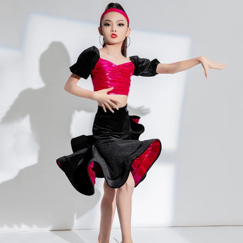 Kids Performance Dancing Clothes Girls Latin Laser Top Irregular Skirts Stage Competition Costume Latin Dance Dress SL8351