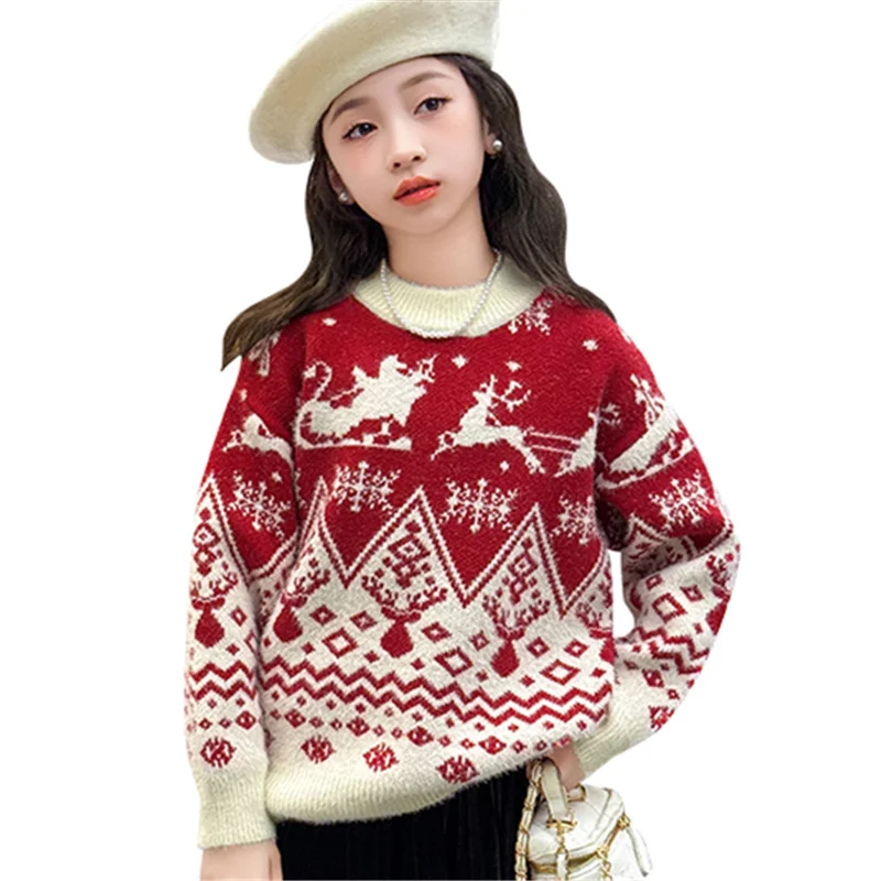 

Elegant Children Christmas Sweater With Deer For Girls New Year Knitwear Outfit Teenage Girl Christmas Party Wear Clothing 4-14Y