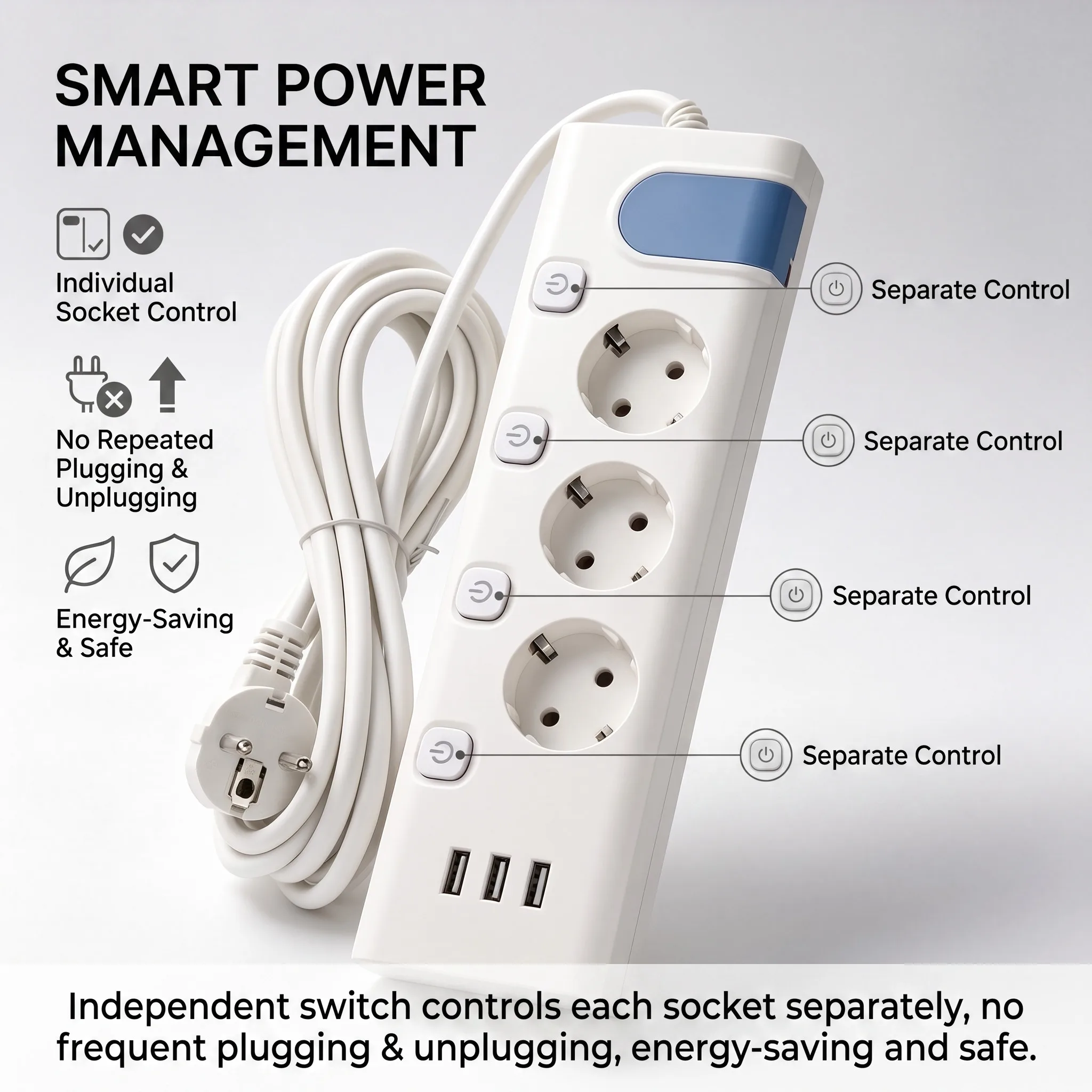TATIBS Multi Outlet EU Power Strip 3 Schuko Sockets + 3 USB-A Fireproof Extension Socket for European Household