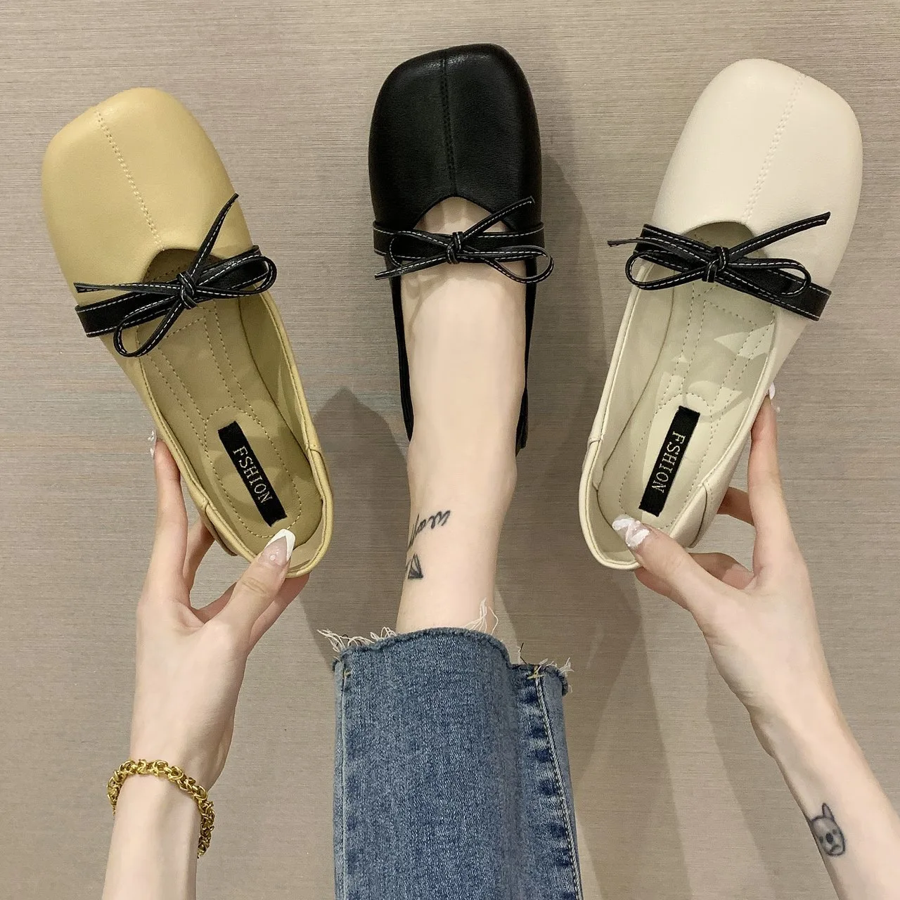 Shallow Mouth Summer Shoes Ladies Low Heels Black Flats Square Toe Female Footwear Bow-Knot Autumn 2024 New Dress Round Butterfl