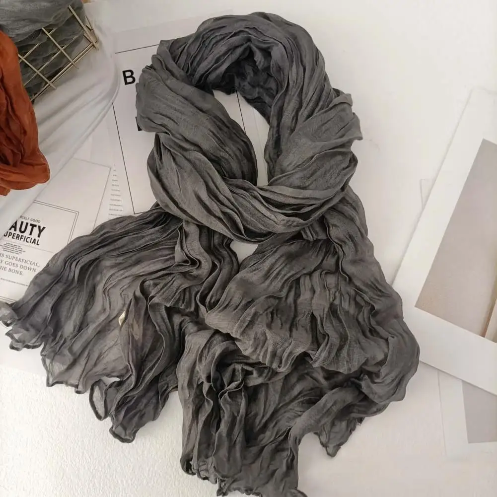 Women Scarf Solid Color Pleated Long Scarf Retro Autumn Winter Warm Soft Vintage Inspired Scarf Apparel Accessories