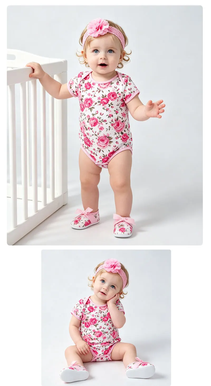 Niedliches Baby-Mädchen-Set mit Blumenmuster, kurzärmeligem Body mit Rosen- und Leopardenmuster, Blumen-Haarband und Schuhen, Neugeborenen-Outfit – Detail 1