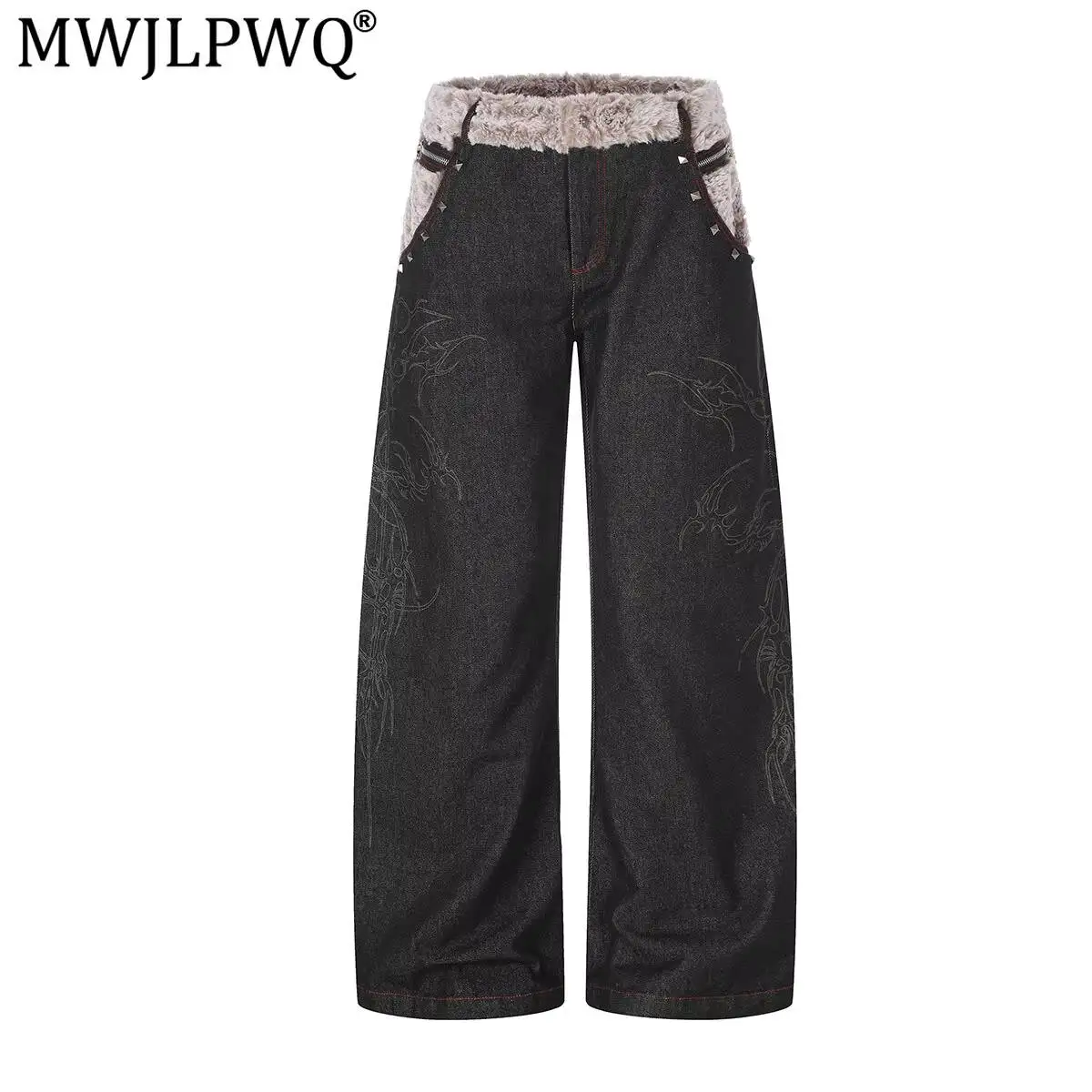 MWJLPWQ Male 2026 New Autumn Winter Straight Jeans American-Style High Street Patchwork Fur Design Loose Wide-Leg Pants 20271