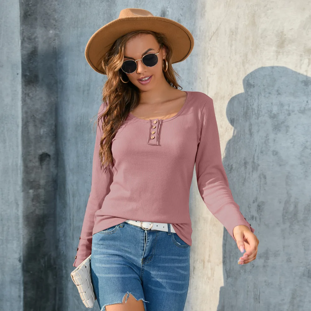 Large Casual Round Neck Long Sleeved Solid Color Base Coat for Women Slim Fit and Simple Casual Long Sleeved T-shirt Top