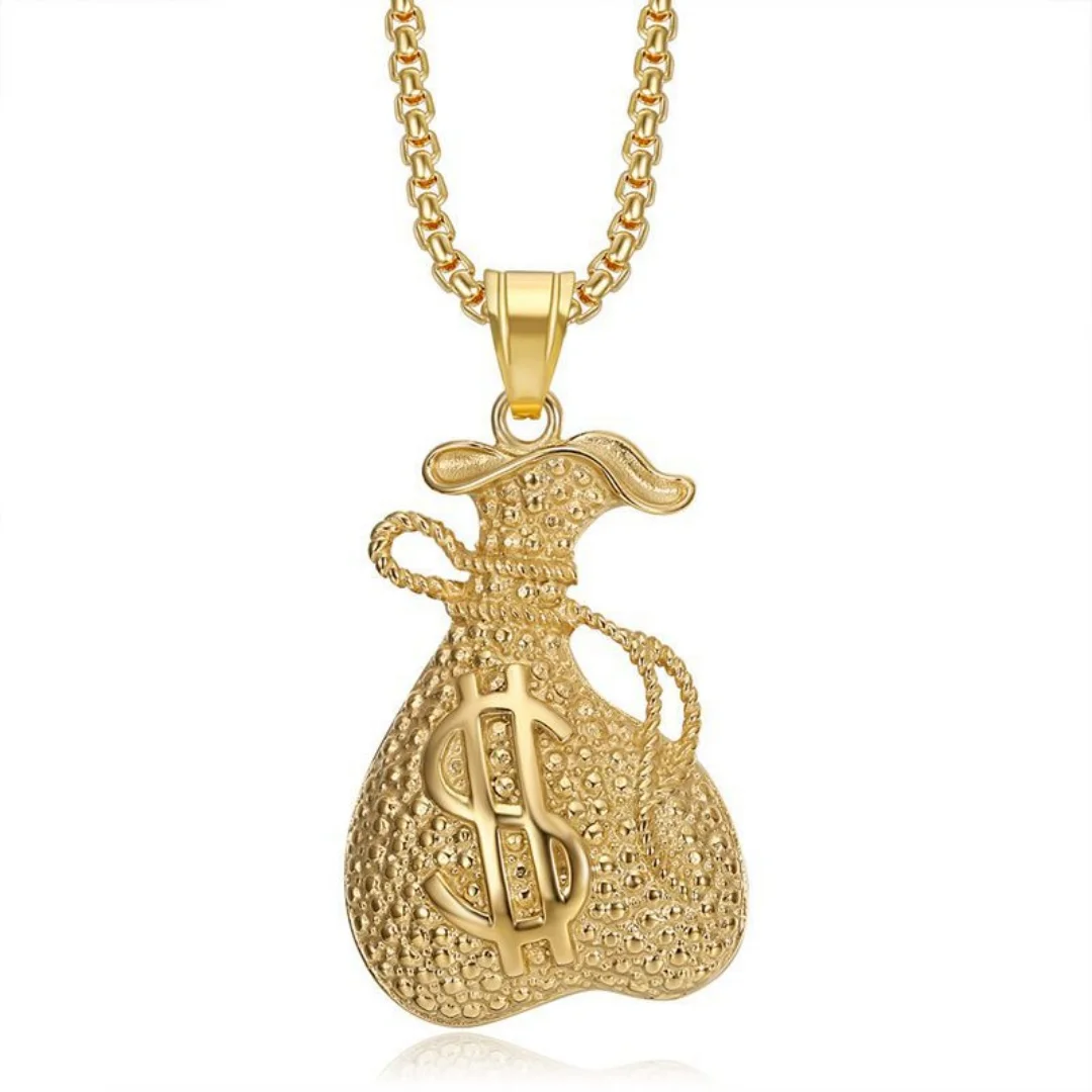 

Punk Fashion Dollar Signs Wallet Pendant Gold Silver Color Stainless Steel Rapper Money Moneybag Necklace for Woman Man Jewelry