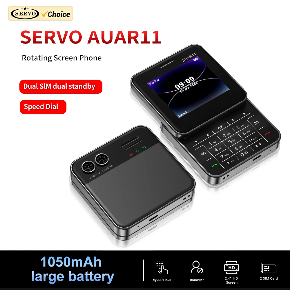 SERVO 2.4 인치 디스플레이 회전 스크린 휴대폰, 듀얼 SIM 대기 블랙리스트 속도 다이얼 FM 라디오, 2G 소형 슬라이딩 휴대폰 