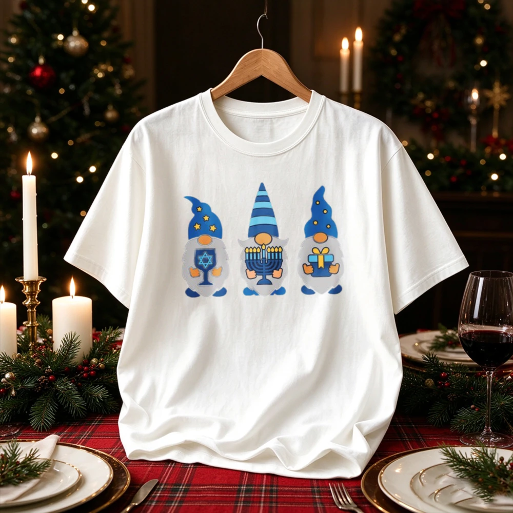Happy Hanukkah Gnomes Menorah Star of David Gift Wine Cup Graphic Cute Gnome Lover Jewish Festival of Lights Holiday T-Shirt