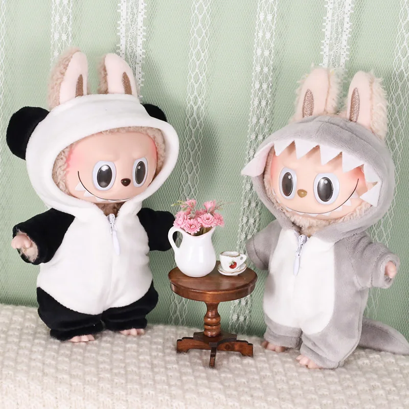 

2025 NEW For Labubu 17cm Doll Clothes Sitting Party Doll Clothing Cute Panda Shark Dinosaur Plush Jumpsuit Set Doll Clothing