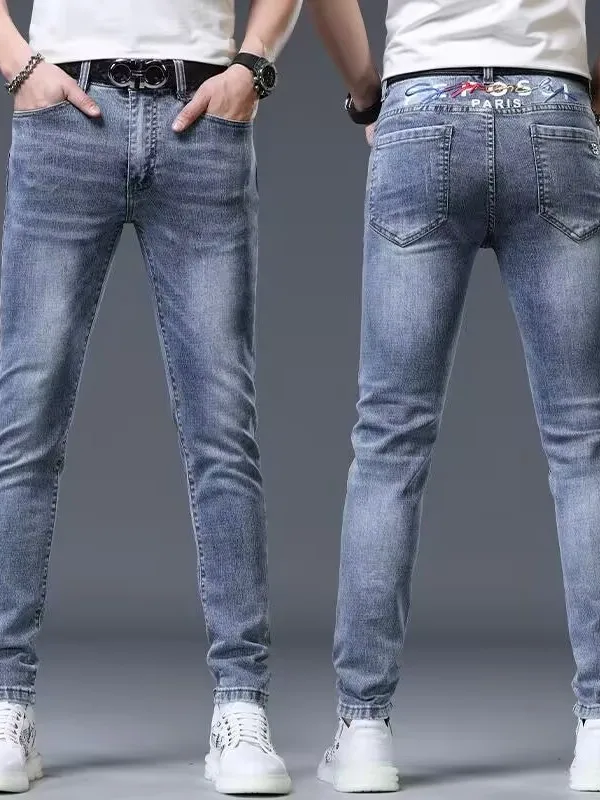 

Весенне-осенние мужские облегающие модные джинсы, эластичные джинсовые брюки, модные брендовые универсальные длинные брюки прямого кроя