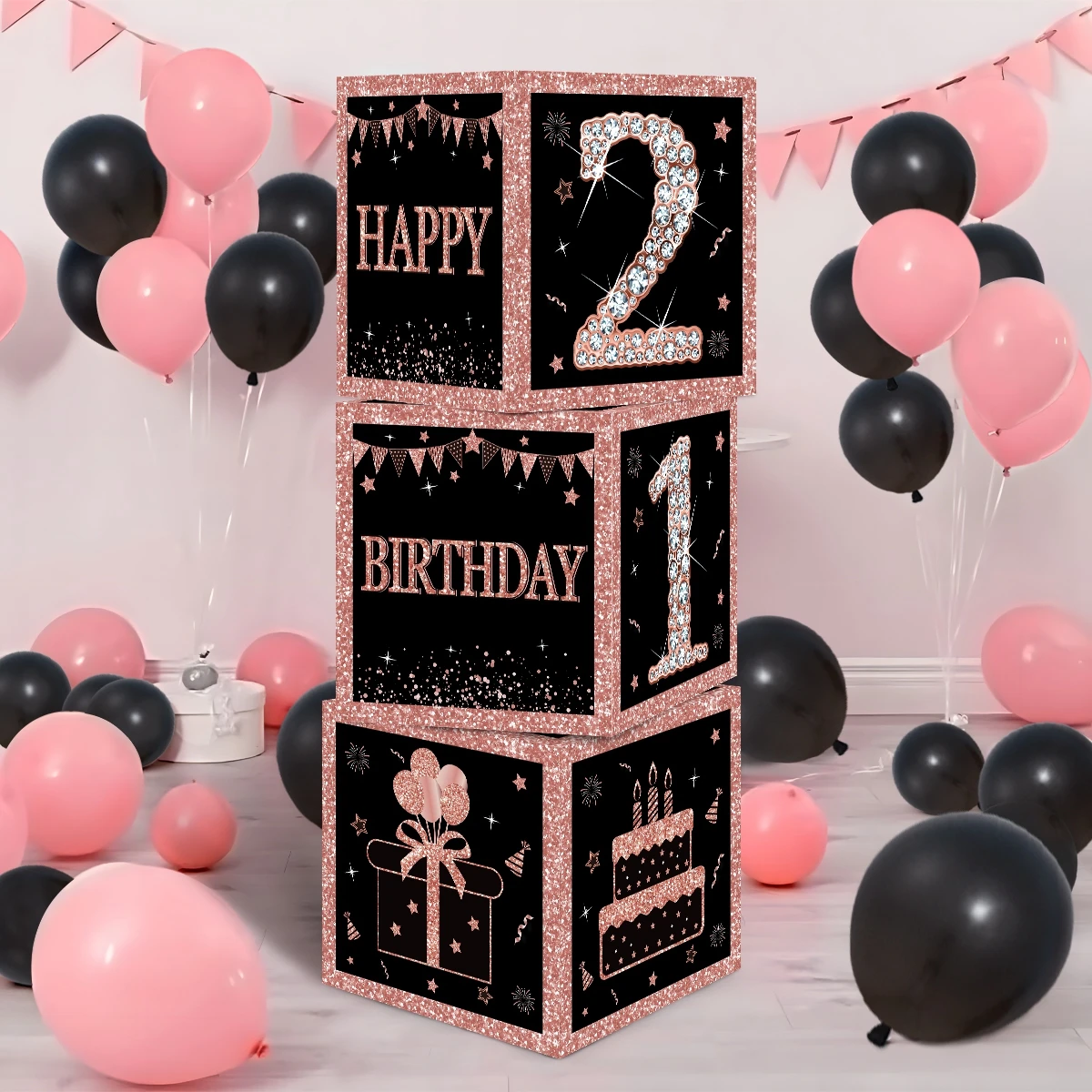 Scatole di compleanno quadrate rosa nere Happy 30th 40th 50th Birthday Party Decor donna adulta 30 40 anni forniture per feste di compleanno