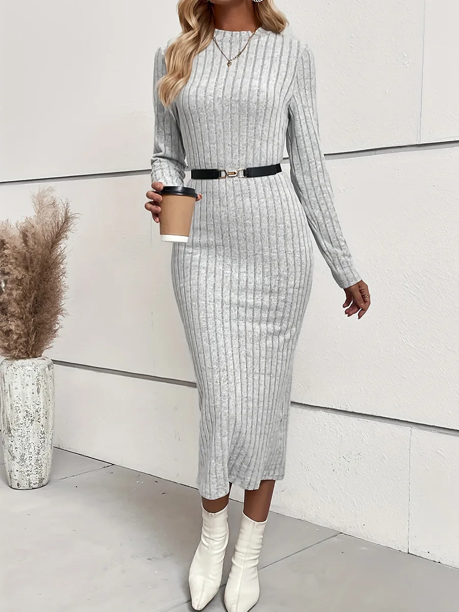 Women's Autumn Winter Threaded Dress Solid Color Casual Fashion Commuting Style Long Sleeve Round Neck Knitted Pullover Dresses