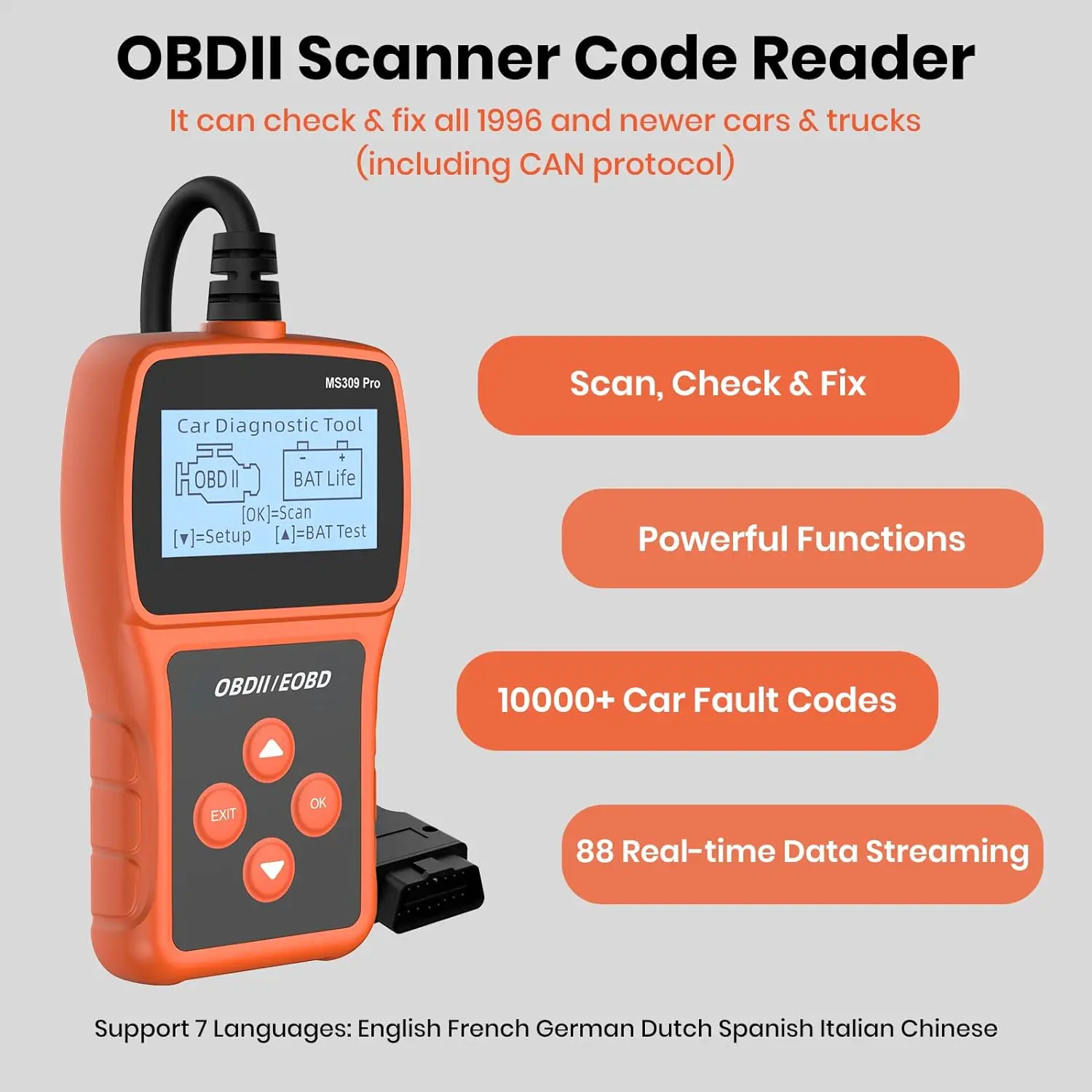 MS309 Pro OBD2 Scanner with Check Engine Code Reader Battery Tester Clear Fault Codes OBDII Scanner Diagnostic Tool for Car