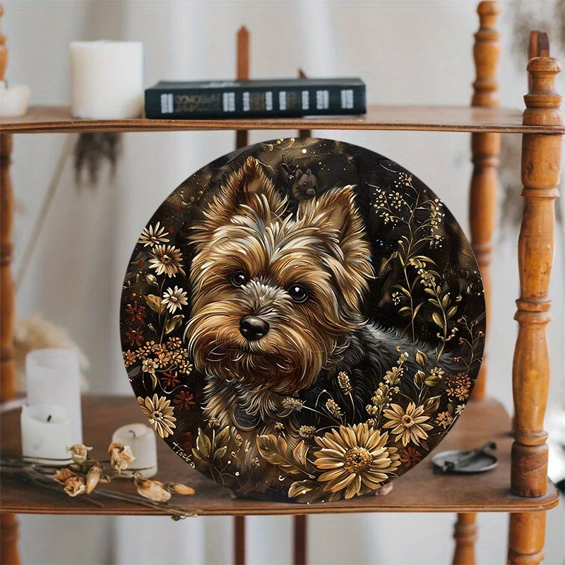 1pc 8x8inch Aluminum Metal Sign Oak Dog Decor Yorkshire Terrier Ou Round Aluminum Door Hanger Wall Wreath Metal Decor Sign