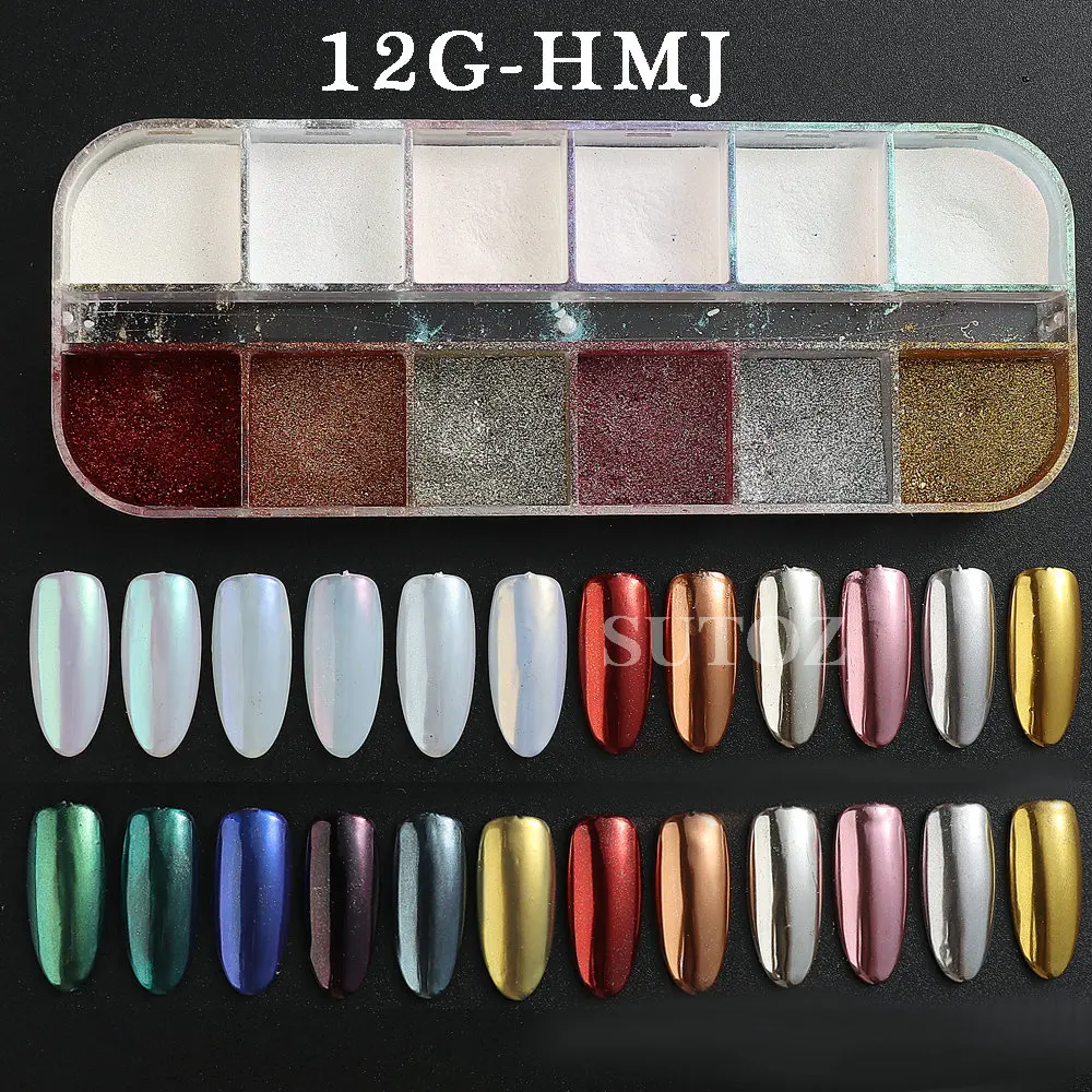 12 Grids Chrome Nail Powder Set Holographic Silver Gold Dip Powder Ultra Fine Glitter Dust Ombre Nail Art Manicure LEB12G-HMJ