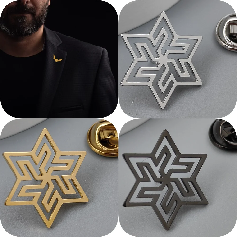 New hip-hop style six-point star hollow stainless steel gold-plated badge, suit lapel pin waterproof black, men's brooch set