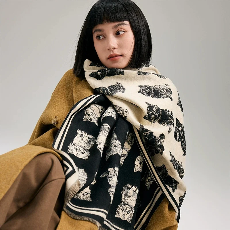 

Women Latest Animal Jacquard Cat Scarf Imitation Cashmere Soft Warm Fringe Shawl Autumn Winter Coldproof Windproof Blanket 2025