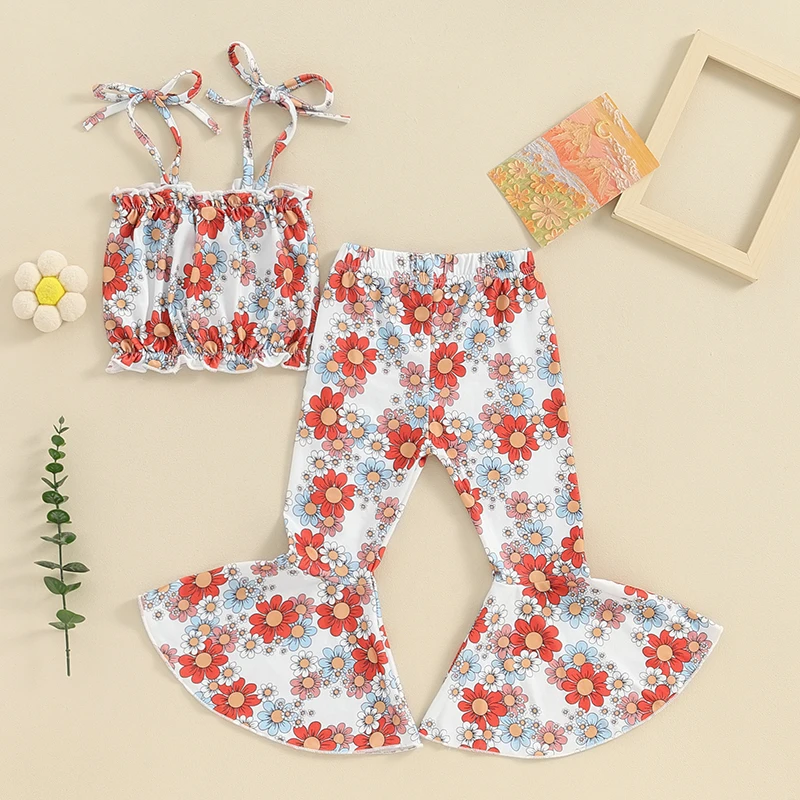 Kid Toddler Baby Girl Summer Outfits Flower Tie-Up Spaghetti Straps Crop Tank Tops Flare Pants 2Pcs Clothes Set