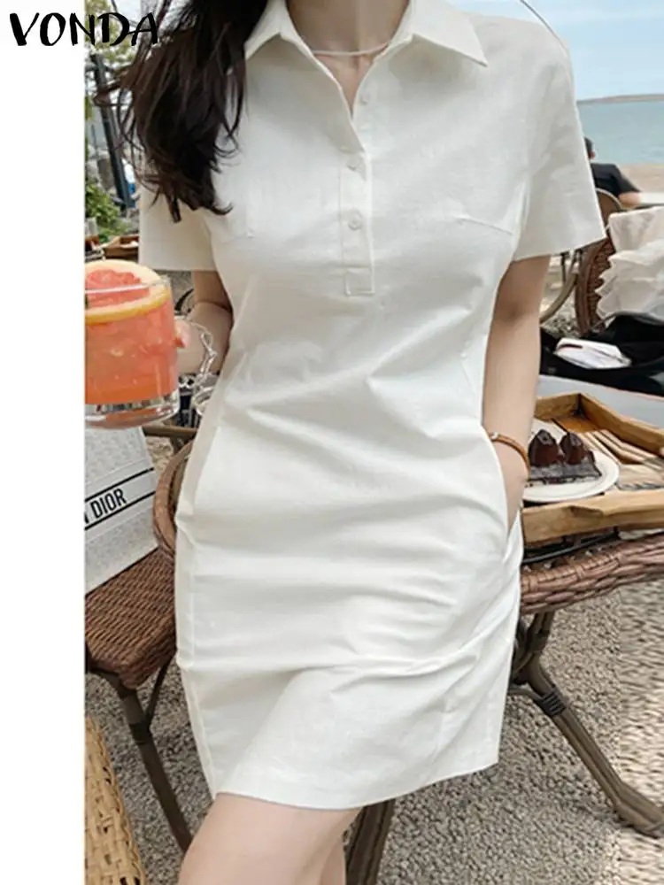 VONDA 2024 Summer Mini Dress Elegant Women Sexy Short Sleeve Solid Color Party Short Sundress Casual Beach Vestidos Robe Femme