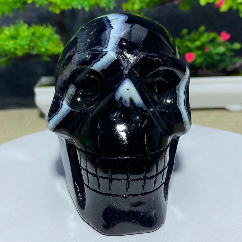 Natural Black Onyx Crystal Agate Skull Raw Quartz Handmade Sculpture for Spiritual Meditation Reiki Home Decor