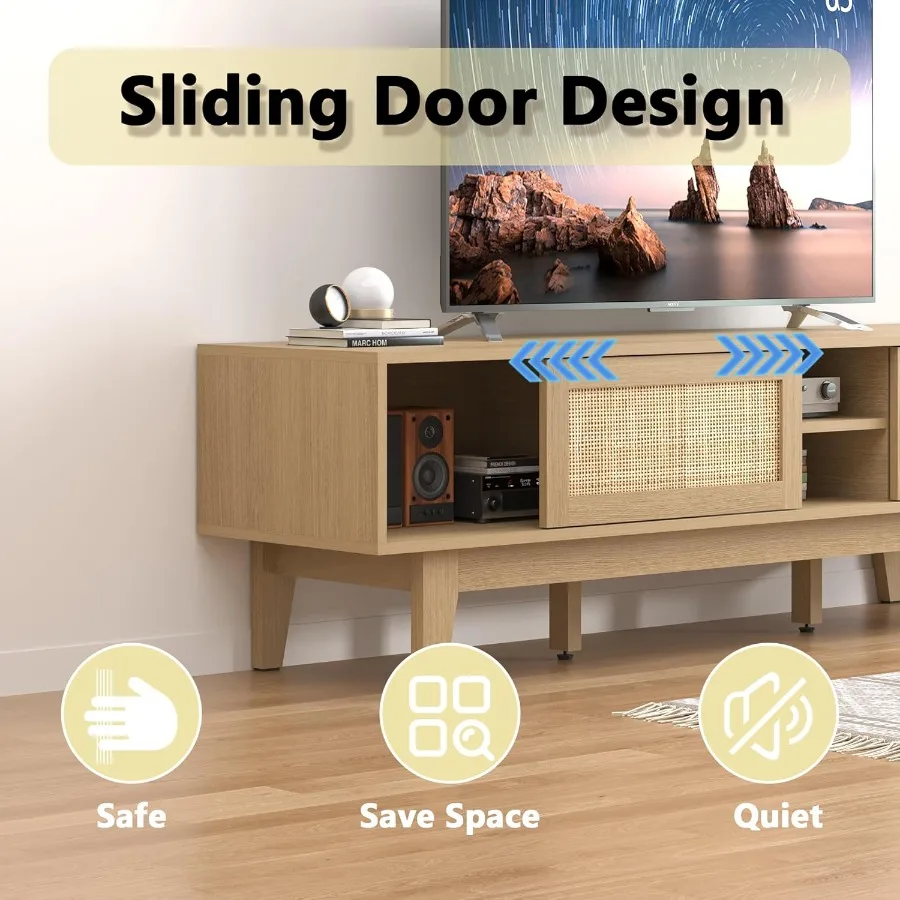 حامل تلفزيون لمركز الترفيه في المزرعة مقاس 65 بوصة مع طاولة وحدة تحكم الوسائط الخشبية لباب الحظيرة المنزلقة باللون الطبيعي من الروطان