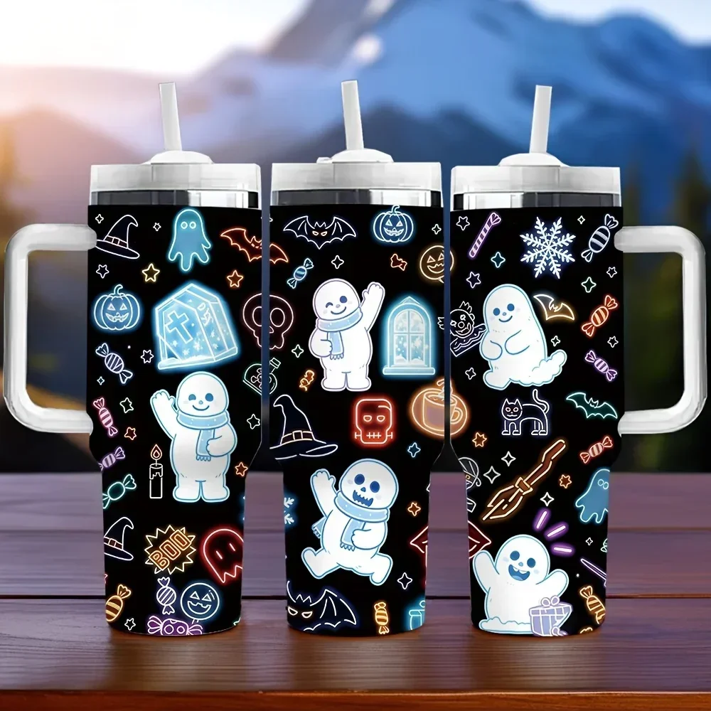 40oz Long Lasting Insulated Tumbler with Handle, Features Cute Halloween and Christmas Prints, It Is An Ideal Birthday Holiday Gift for Lovers, Perfect for Daily Use, Outdoor Travel And Holiday Parties.
