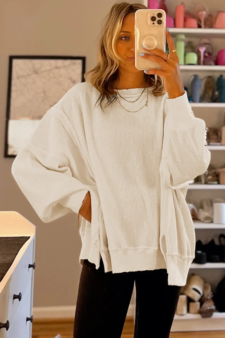 2024 Autumn New Solid Color Waffle Long-sleeve Tops For Women Fashion All-match Split Pullover Sweatshirt For Women Shirts