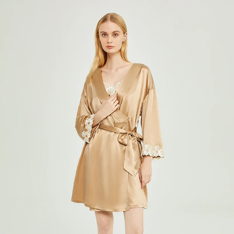 19MM 100% Mulberry Silk Robes Nightdress Pajamas Tie Up Bathrobe Slip Dress Short Kimono Robes Nightwear Sexy Chemise Sleepwear