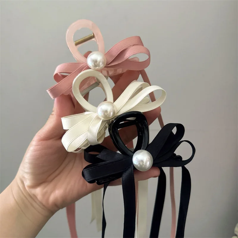 AISHG Bowknot Ribbon Pearl Hair Clips Women Ballet Art Streamer Clamp Hairpin Bow Shark Claw Clips Girls Hair Accessories