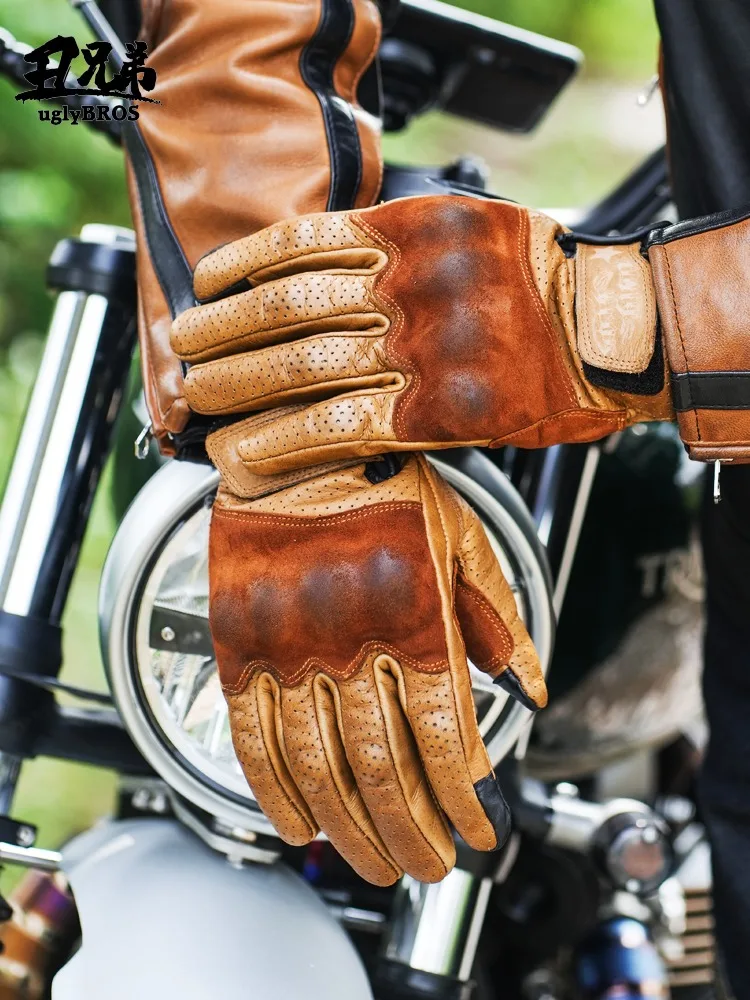 Uglybros Retro Genuine Goat Leather Motorcycle Gloves Touch Moto Gloves Unisex Breathable Windproof Spring Autumn 3 color