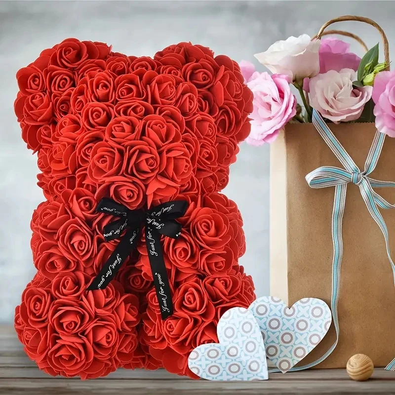 Ours Rose Artificiel avec Bouquet de Roses pour Femme et Petite Amie, Fleurs Rouges Romantiques, Cadeaux pour Elle, Anniversaire, Mariage, Saint Valentin