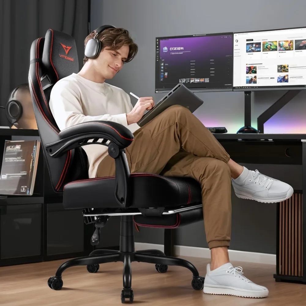Big and Tall Gaming Chair 400lb Capacity with Footrest, Ergonomic High Back PU Leather Recliner
