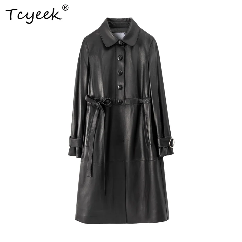 Tcyeek Sheepskin Spring Autumn High End Square Neck Black Medium Length Women's Genuine Leather Jacket Женская Кожаная Куртка
