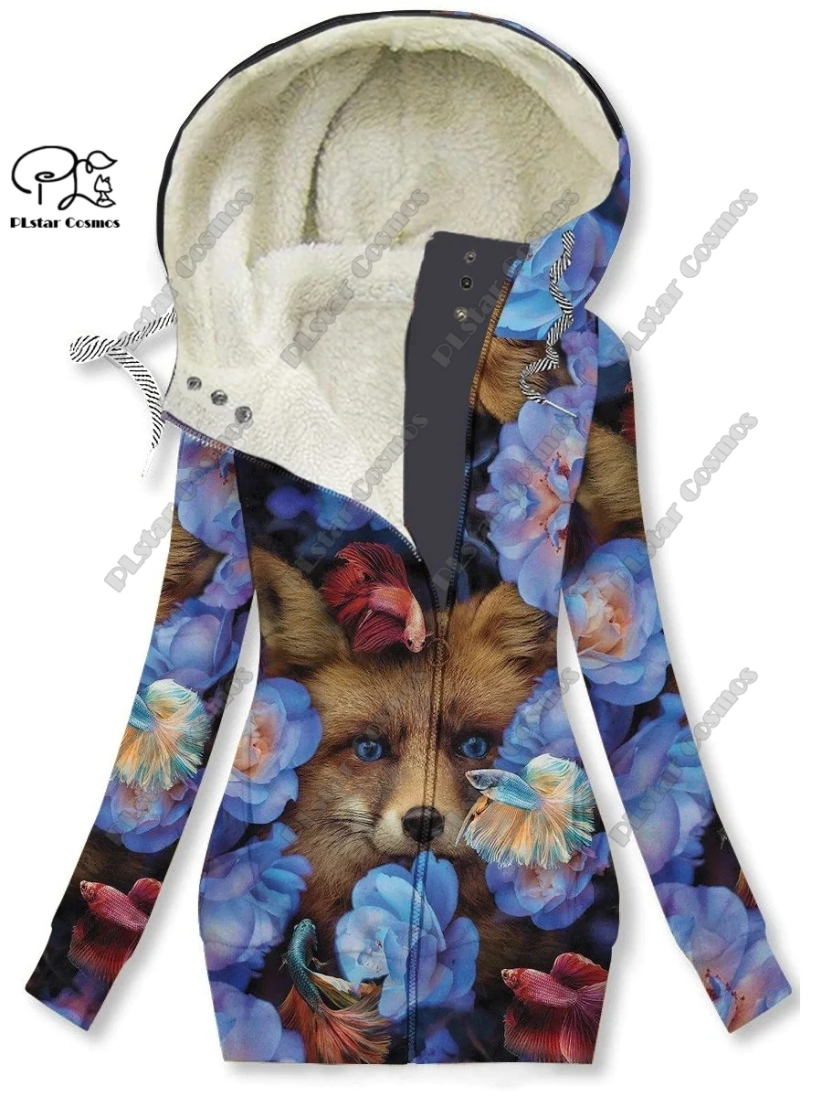 Sudadera con capucha Con cremallera larga para mujer, en 3D abrigo con estampado de animales, bonito patrón de zorro, cálido, informal, Invierno