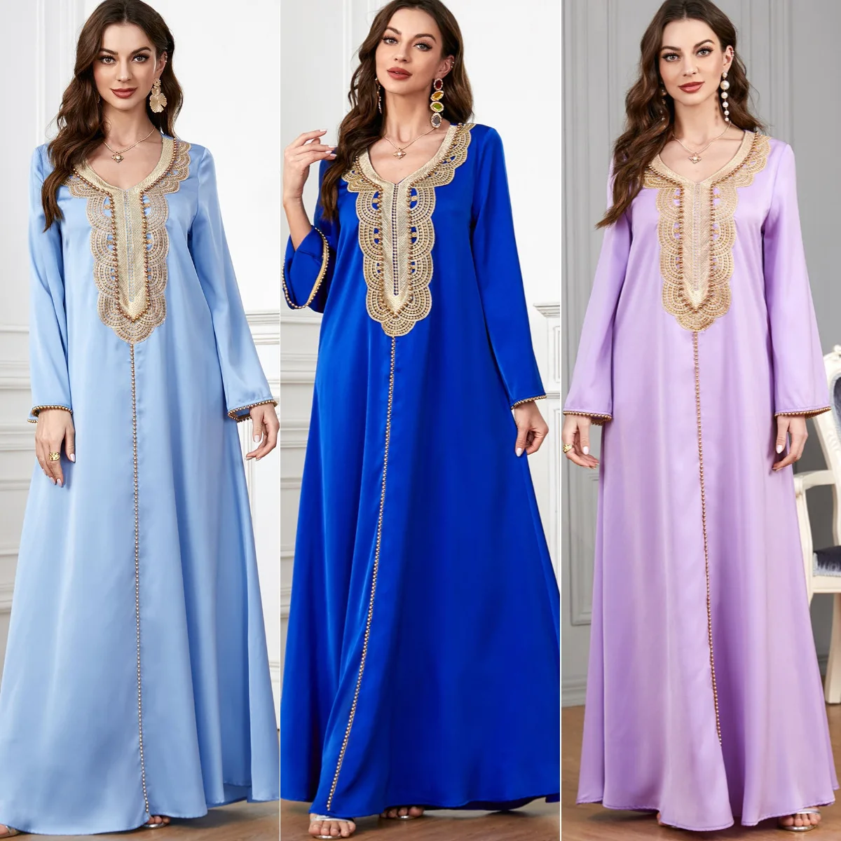 3287abaya Arab Women's V-neck Beaded Long sleeved Dress