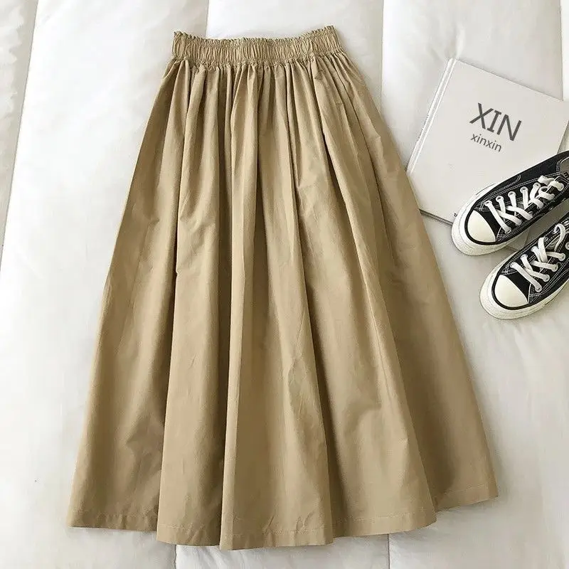 Korean Style Fashion Minimalist Solid Cargo A-Line Pleated Maxi Skirt Summer High Waist Loose Casual Black Long Skirts for Women