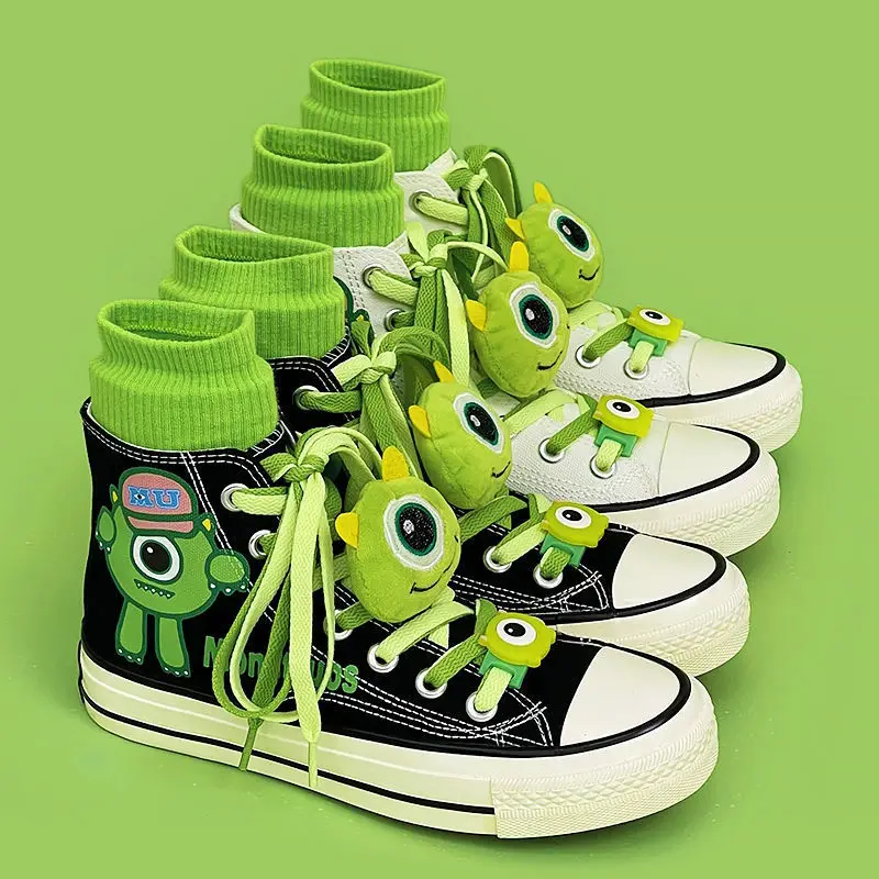 Disney Monsters University Mr.Q Mike High Canvas Shoes Fashion Casual Cute Graffiti Pattern Cartoon Boys Girls Shoes + Dolls