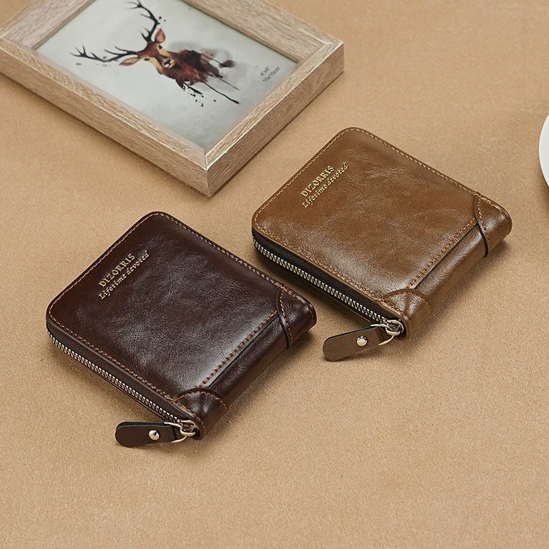 Vintage Herren Leder Reißverschluss-Geldbörse Große Kapazität Multi-Kartenhalter ID-Fenster Münzfach Dreifach Gefaltete Geldbörse Hochwertige Geldklammer