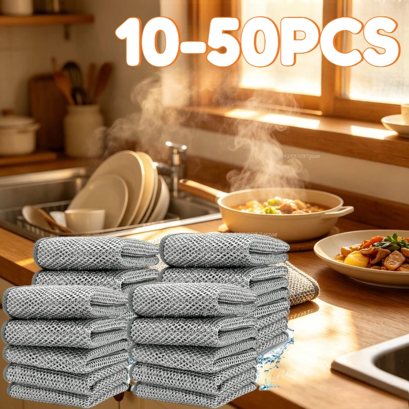 10-50PCS Magic Dishcloth Silver Wire Cleaning Kitchen Cloth Thickened Microfiber Wash Towel Built-in Sponge Steel Wire Ball Rag