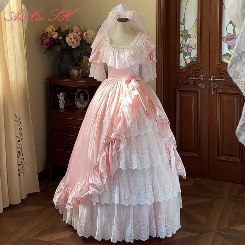 AnXin SH princess pink satin white flower lace o neck puff short sleeve ruffles beading bow lace up customized wedding dress