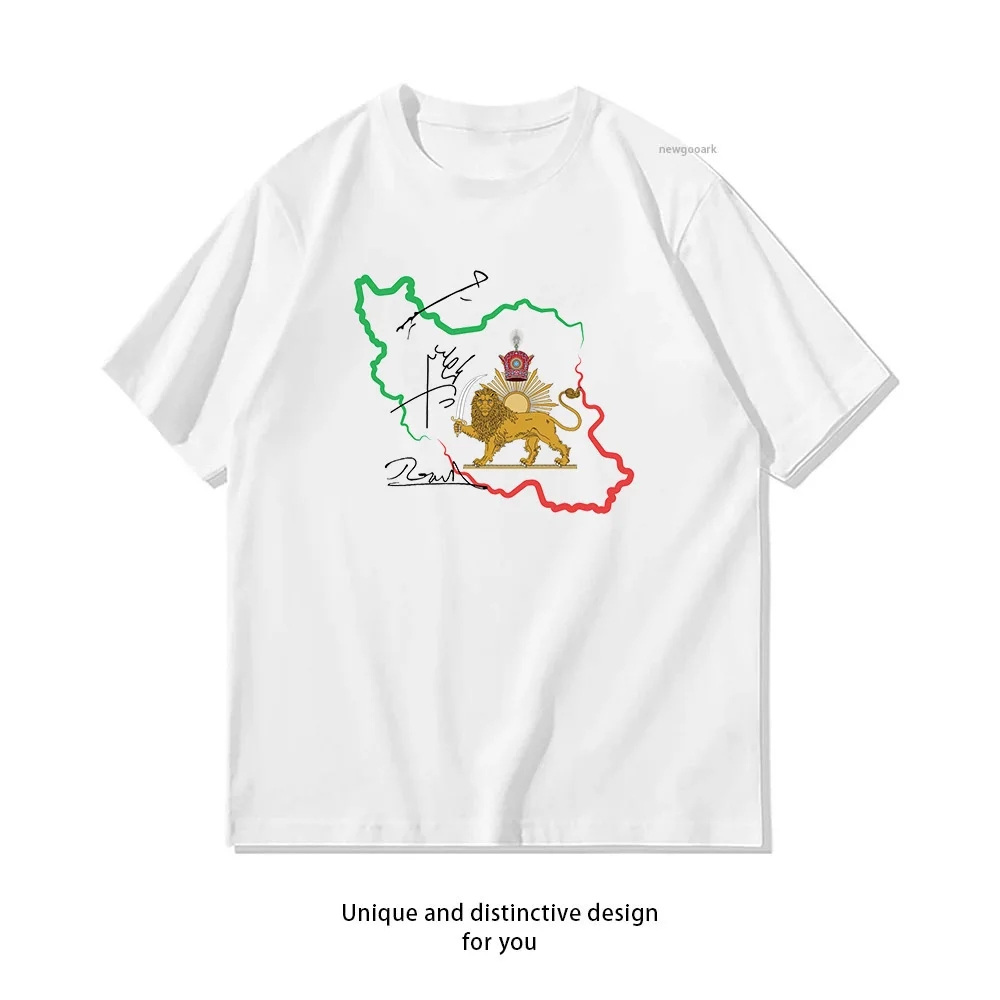 Iran Map Lion and sun Flag Classic T-Shirt Woman Man Casual Cotton Printed T Shirts Adult Streetwear Woman Clothing