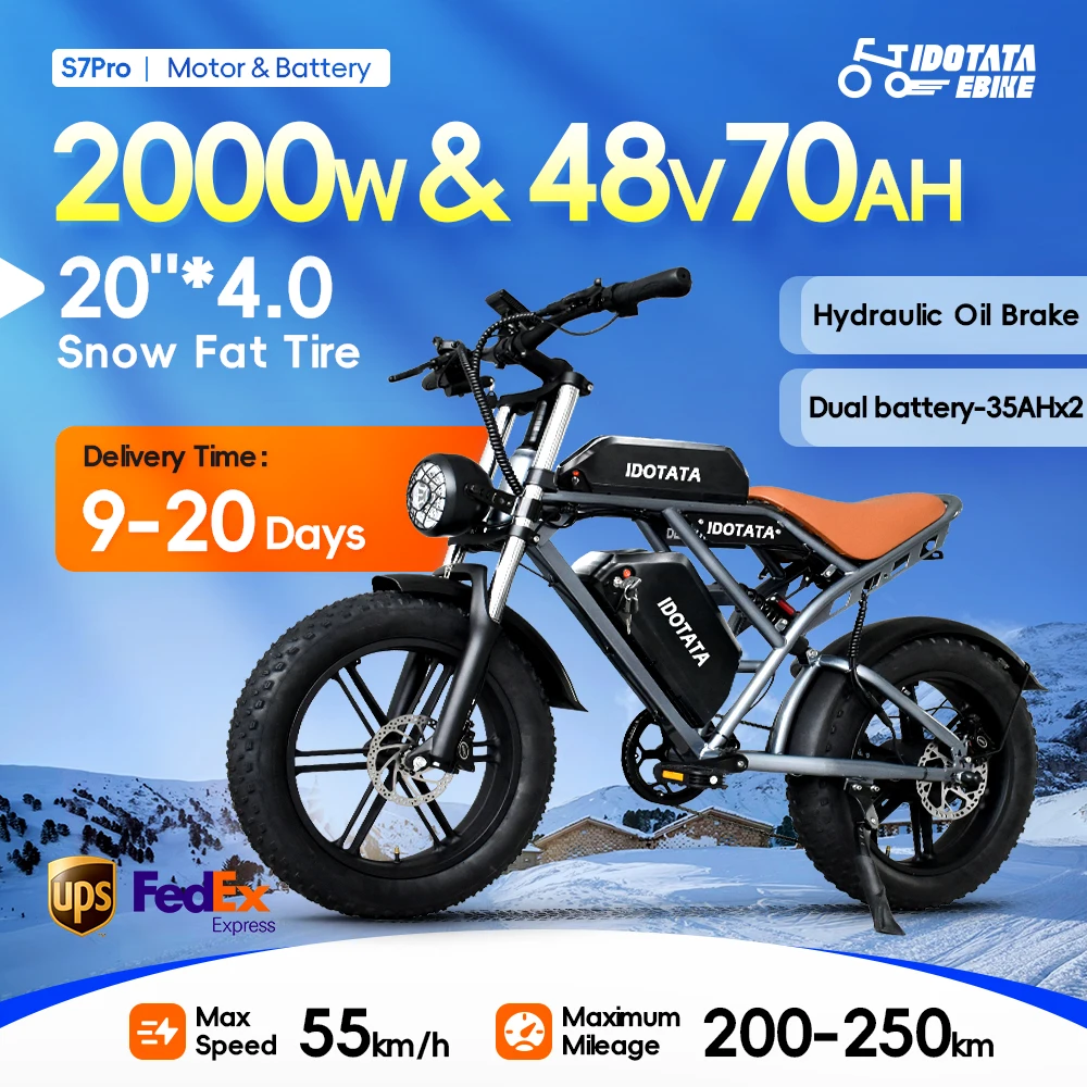 IDOTATA-S7 bici elettrica per adulti, doppia batteria, 48V, 70Ah, 20 pollici, 4.0 pneumatici grassi, E-Bike da montagna da neve, bicicletta elettrica da 2000W