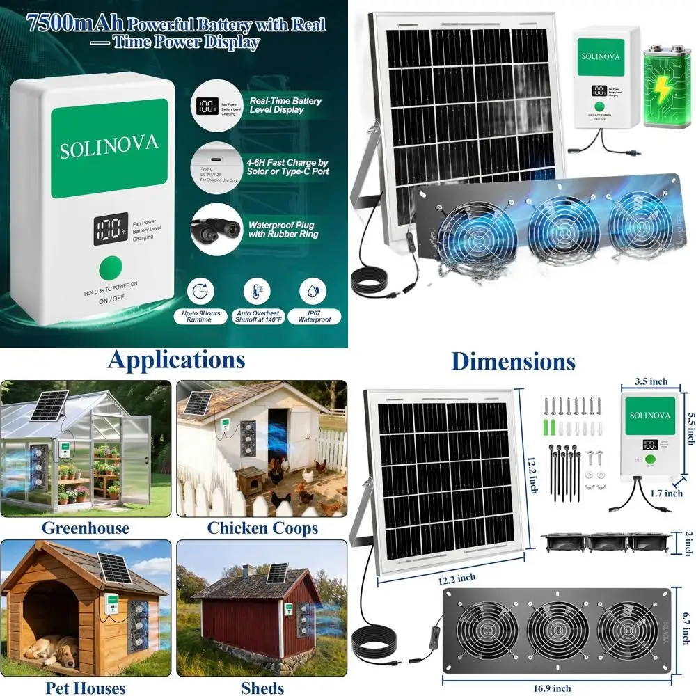 

25W Exhaust Fan with 7500mAh Battery for Cooling Greenhouses, Chicken Coops, Attics, Barns, Sheds, and Dog Houses