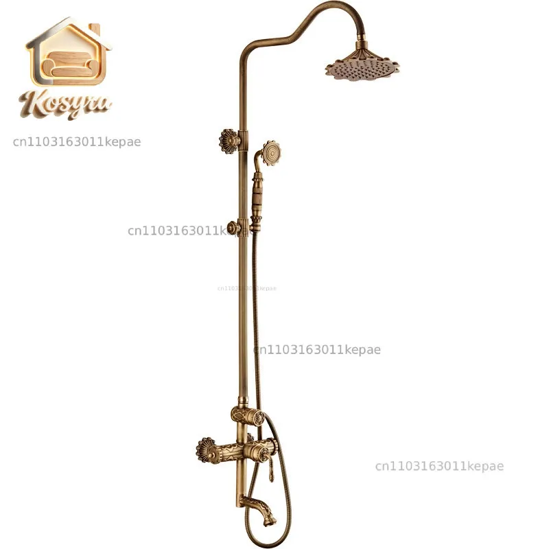

Household European brass engraved antique shower shower set, hot and cold retro copper faucet, bath mixer valve