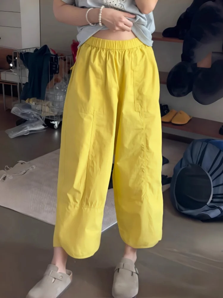 

Летние тонкие прямые повседневные брюки для женщин больших размеров, свободного кроя, с эффектом похудения, широкие брюки-кюлоты с высокой талией на резинке