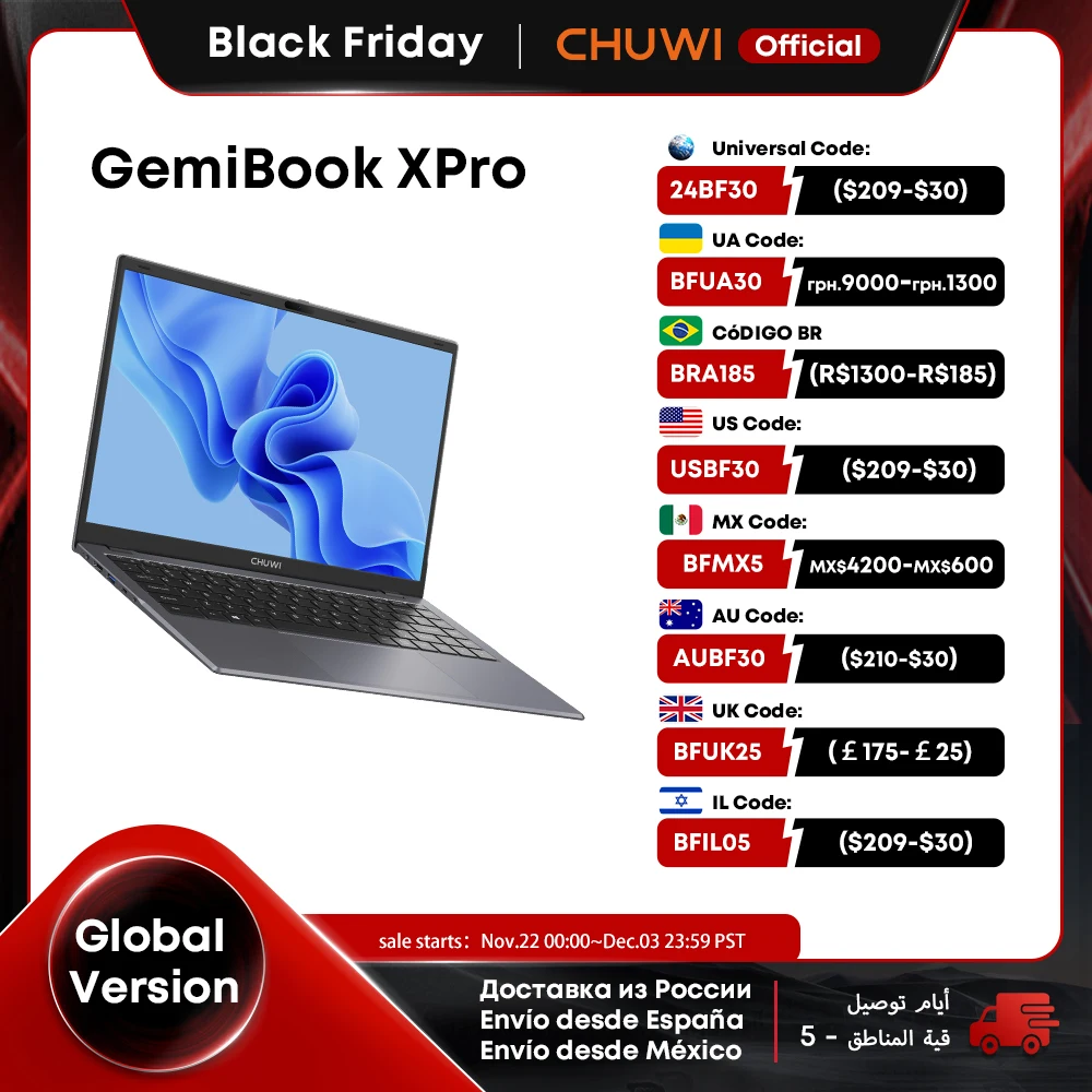 CHUWI GemiBook XPro شاشة 14.1 بوصة UHD إنتل N100 حاسوب محمول 8 جيجابايت RAM 256 جيجابايت SSD معالج رباعي النواة ويندوز 11 WIFI AX101 حاسوب محمول