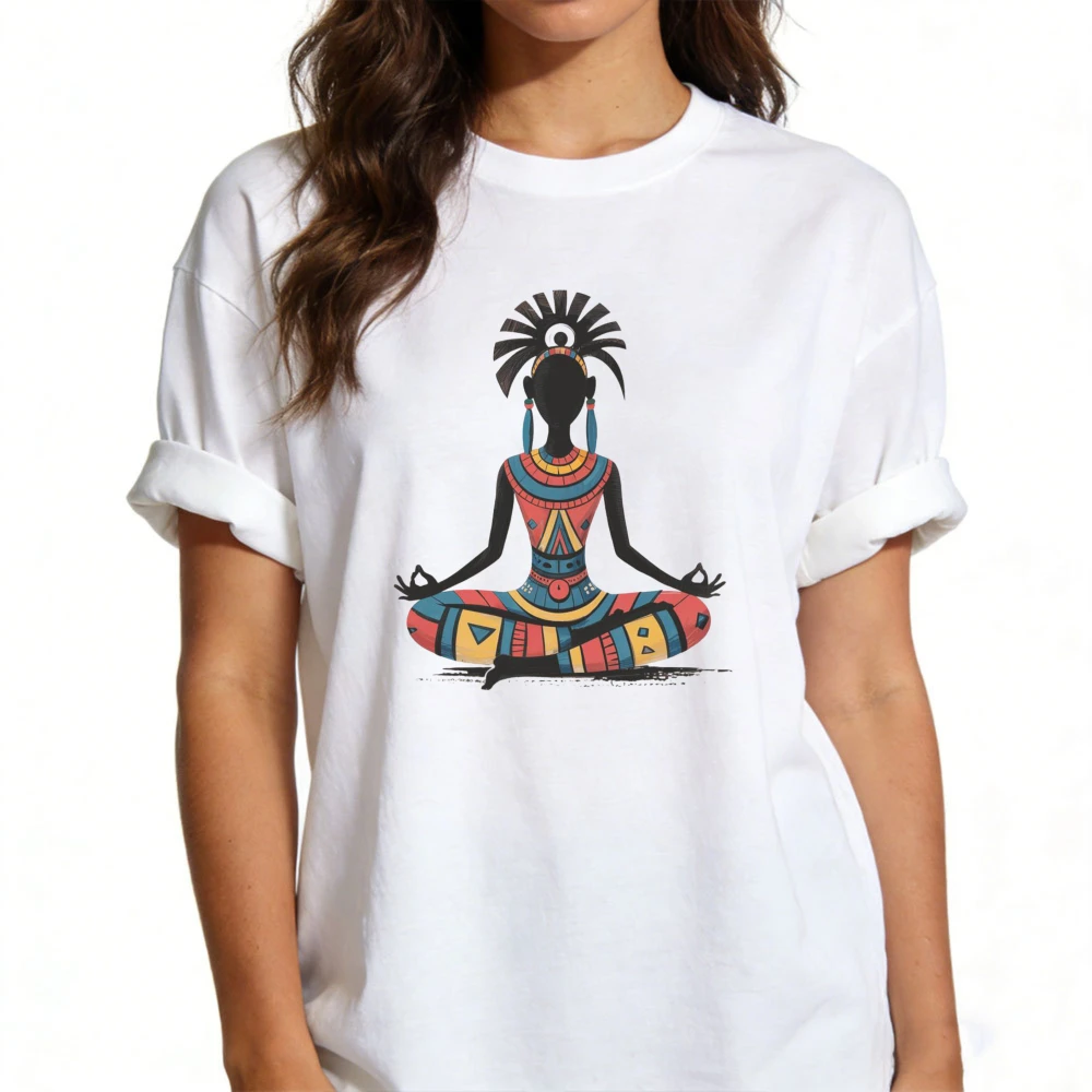 African Woman Meditation T-Shirt Yoga Ethnic Art Tees Women Clothes Summer Casual Graphic T Shirts O-neck Short Sleeve Tops